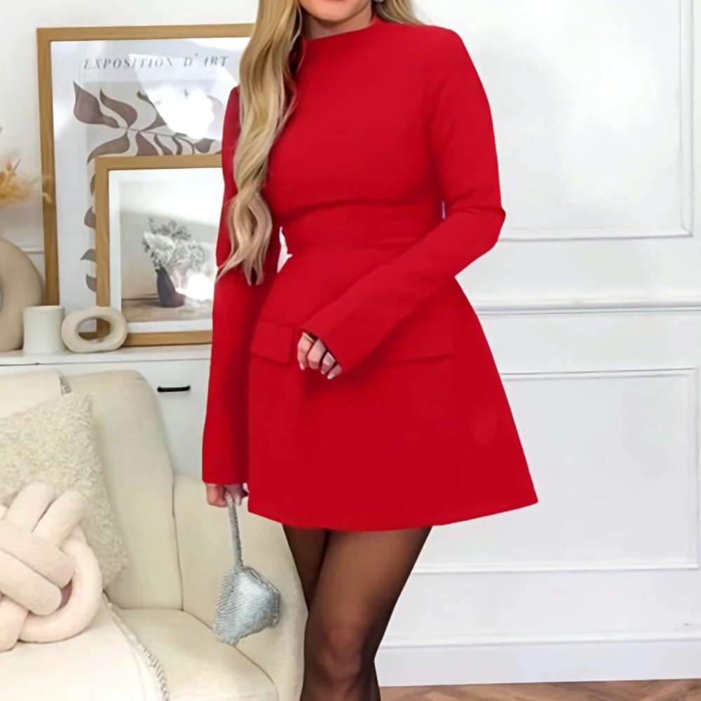 Crew Neck Long Sleeve Bodycon Short Dress red